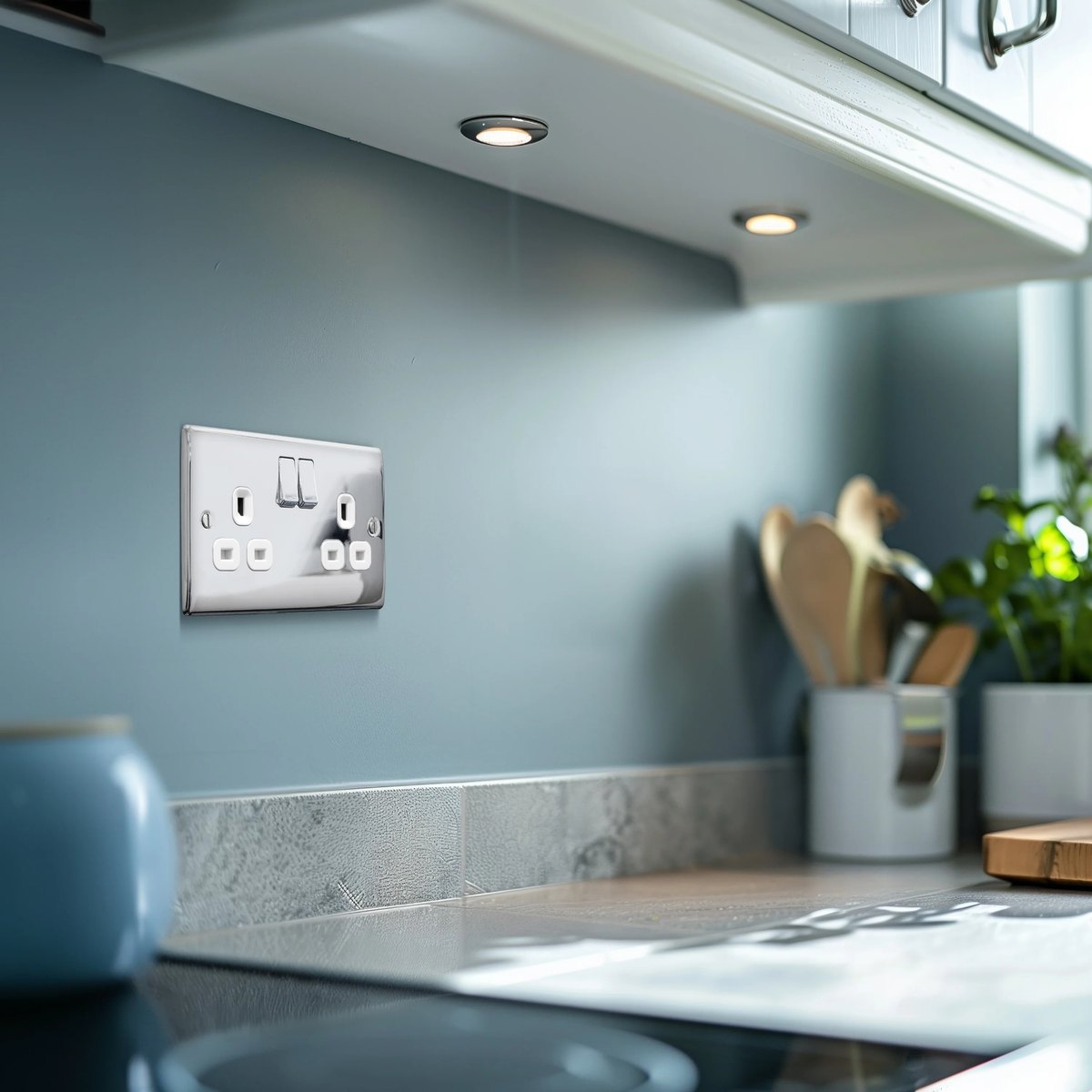 Chrome double socket fitted in a kitchen